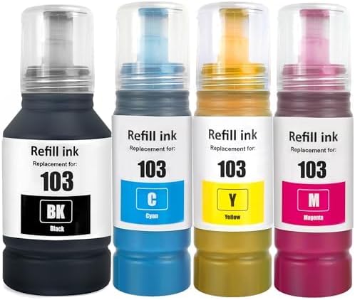 LCL Ink Compatible with Epson 103 C13T00S64A Ink Cartridges Bottle Multipack for L1200 L1210 L1250 L3100 L3110 L3111 L3116 L3150 L3151 (4 Pack, BK/C/M/Y