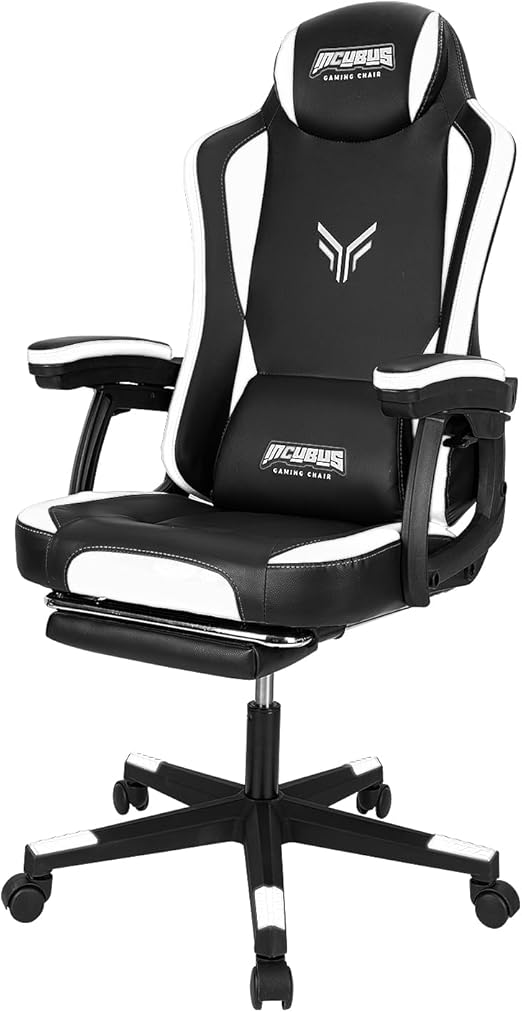 Deli Gaming Chair Black & White, Ergonomic Recliner with Leg Rest, W62×D61.5×H117–125cm
