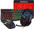 T-Wolf Gaming Combo TF800 Keyboard/Mouse/Headphone/Mouse Pad Wired LED RGB Backlight Bundle for PC Gamers Users - 4 in 1, Black