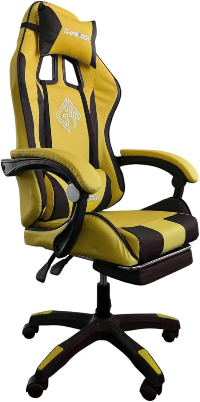 GameTech Gaming Chair – Ergonomic Black & Yellow Racing Style Office Chair (YT-055) with Adjustable Armrests, Reclining Backrest & Lumbar Support for Gamers, Streamers & Home Office