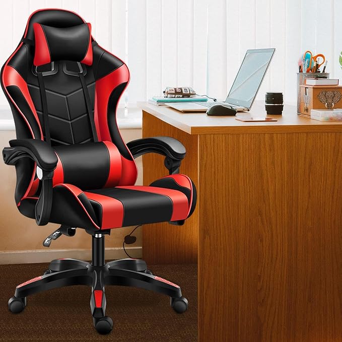 Sulfar Gaming Chair, Adjustable Computer Chair Pc Office Pu Leather High Back, Ergonomic design Lumbar Support,Comfortable Armrest Headrest (Red)